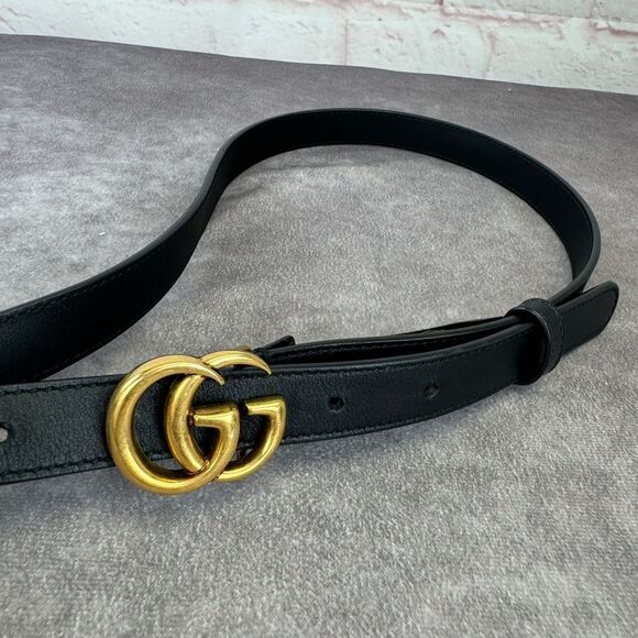 Authentic Gucci Black Leather Slim GG Marmont Belt 409417 80/32 - Picture 2 of 10